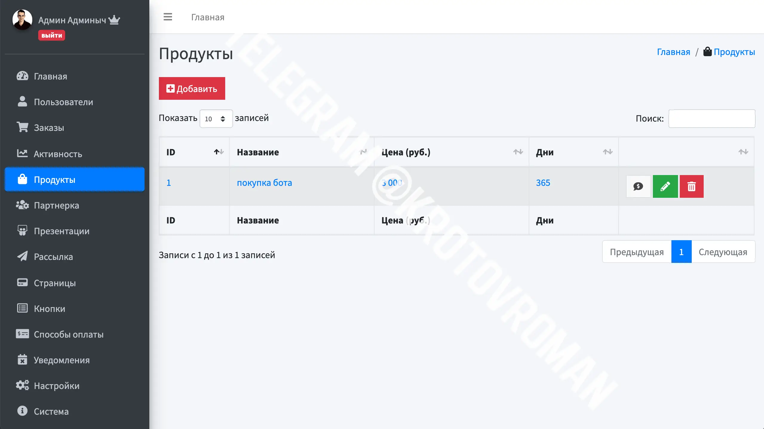 Управление тарифами — интерфейс панели