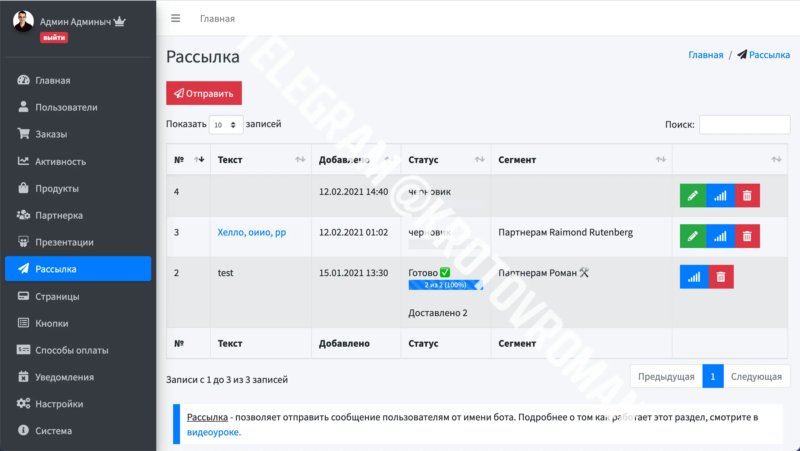 Рассылки пользователям — интерфейс панели